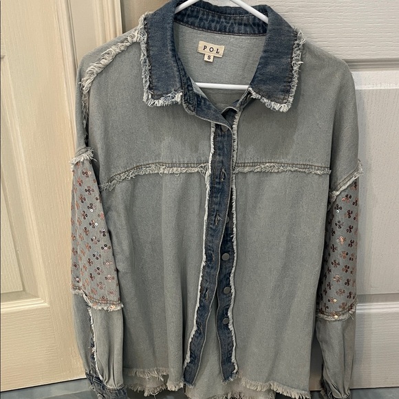 POL Blue Denim jacket with Floral sequin Accents - Picture 1 of 4